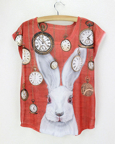 rabbit pocket watch red shirt bunny chemise femme 2015 new design 3d printed novel cheap made in china  t shirt feminina